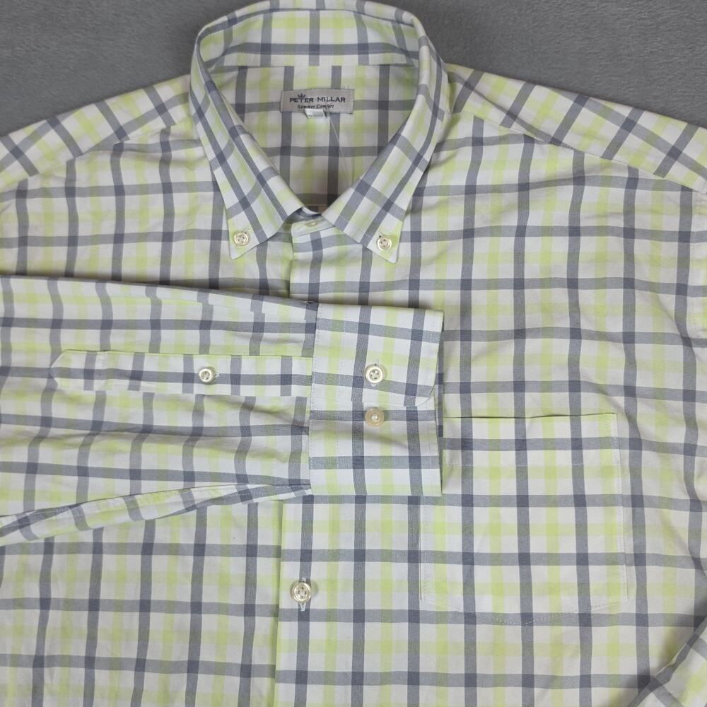 Peter Millar Summer Comfort XL Plaid Button Down Shirt Green Gray Performance